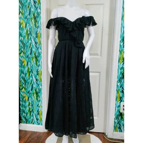 Pho Firenze M Black Lace Ruffle Maxi Dress With Open Back Embellished Straps - Picture 13 of 16